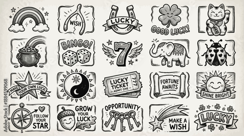 Good Luck Symbol Icon Grid – 20 Cultural and Mystical Fortune Elements for Editorial, Spiritual, and UI Design Use