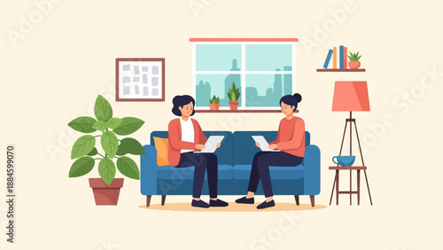 Two women sitting on a blue couch indoors, reading and talking