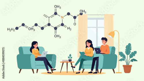 People studying and working together at home with a chemical structure