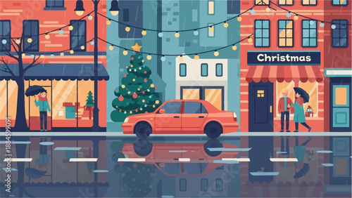 Rainy street scene with Christmas decorations, a car and people