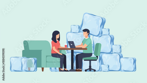 People working on laptops amidst stacks of ice blocks