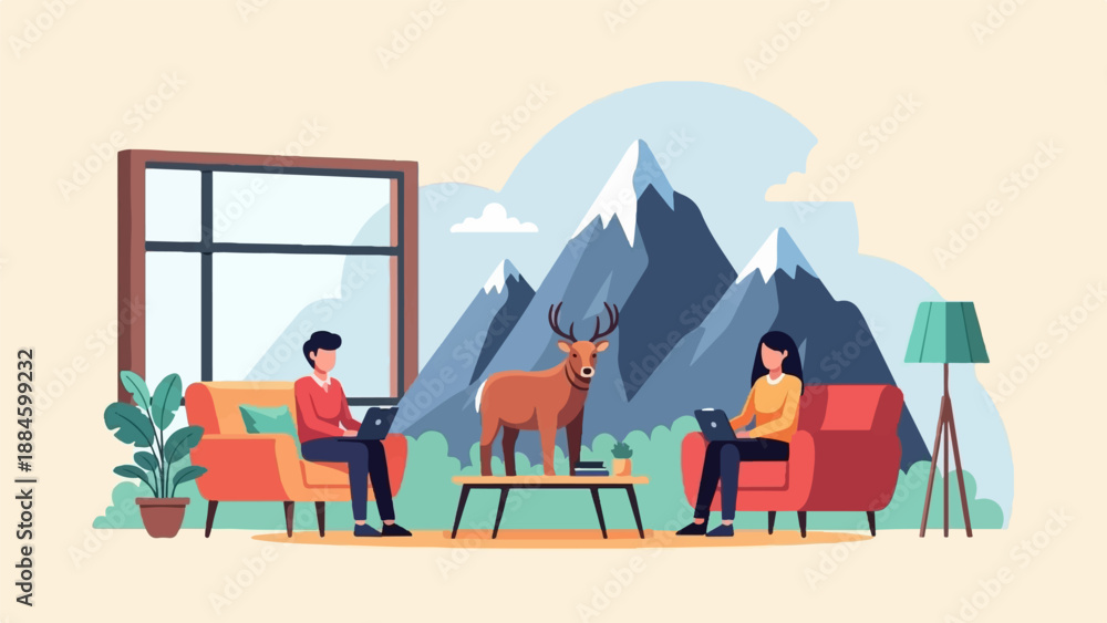 Fototapeta premium Two people work on laptops in cozy room with deer and mountains view