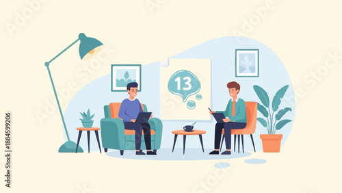 Two men with laptops and a poster with the number 13