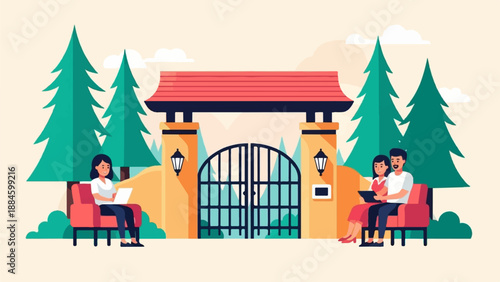 Stylized park entrance with people on benches near trees