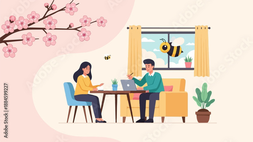 Two people working on a laptop next to a window with bees and flowers