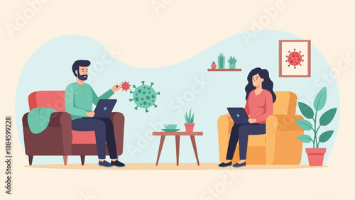 People working remotely with laptops and virus graphics