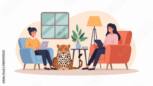 Two women sitting in chairs with a jaguar and plant in a room