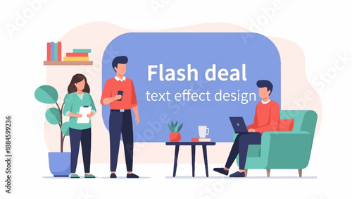 Two people stand while another works on a laptop in an office setting