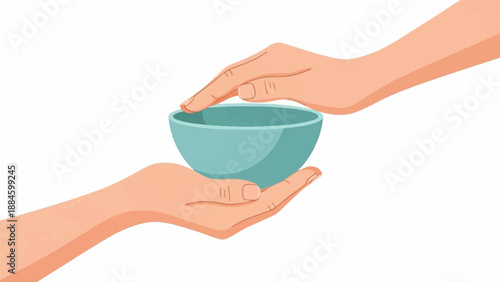 Two hands gently pass a light blue bowl between them