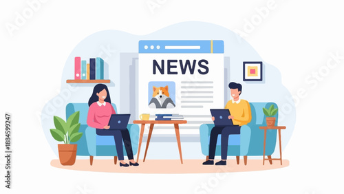 People relax on couches browsing news on laptops, homey decor