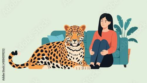 Woman and jaguar relaxing together on a couch, with a plant nearby
