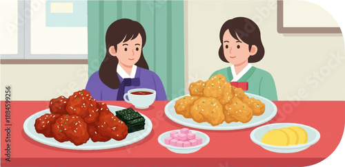 Two people in traditional attire enjoy a meal of fried chicken and sides