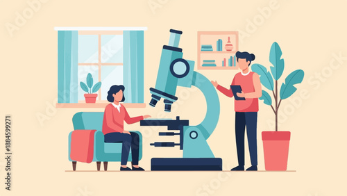 Two people in a room observe a microscope and discuss findings