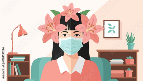 Person with flowers on head wearing face mask sits in armchair