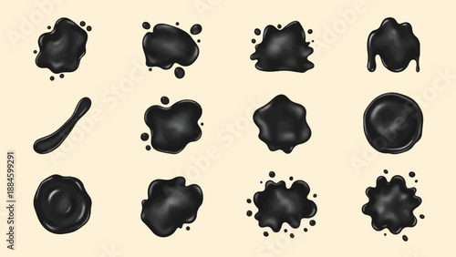 Twelve abstract splatters of dark liquid, ink or oil, on a cream background
