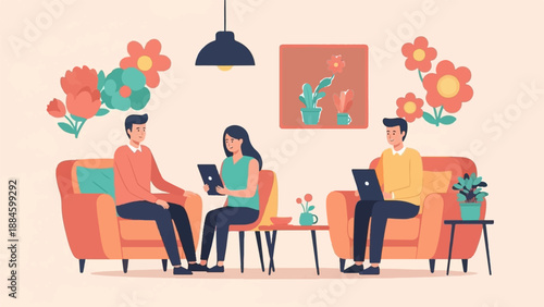 People on couches with laptops and tablets surrounded by decorative flowers