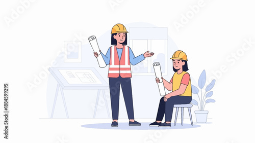 Two women in hard hats discuss blueprints on a drafting table
