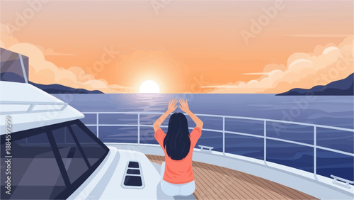 Woman on a yacht balcony enjoys a beautiful ocean sunset with arms raised