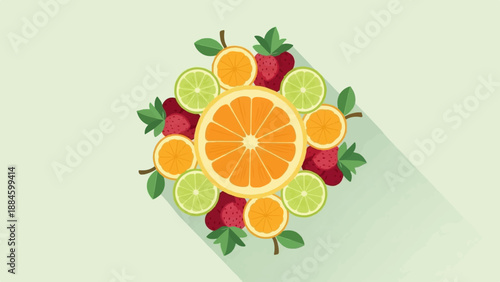 Vibrant citrus and berry medley arranged in a circular pattern