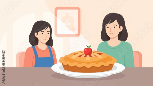 Two smiling girls sit at a table with a fresh apple pie