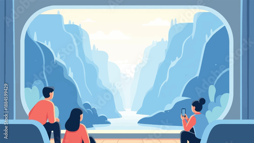 People admire a vast mountain gorge with a river, from a window