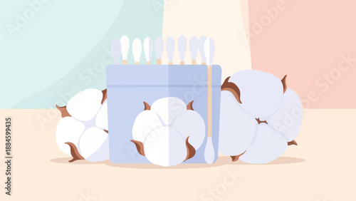 Soft cotton buds in a pale blue container next to fluffy cotton bolls