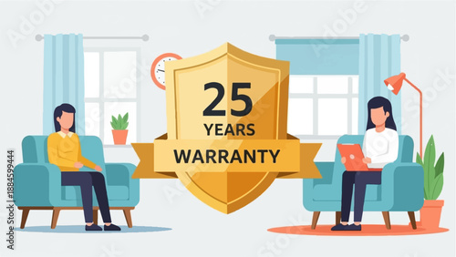 Two people relax in armchairs beside a prominent "25 Years Warranty" shield