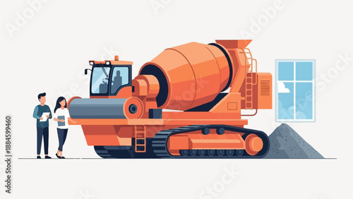 Two individuals stand by a large orange cement mixer with a pile of gravel