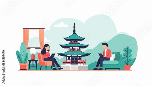 People working on laptops in cozy living rooms with a Japanese pagoda in the background