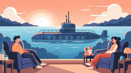 People and dog watch a submarine pass by at sunset