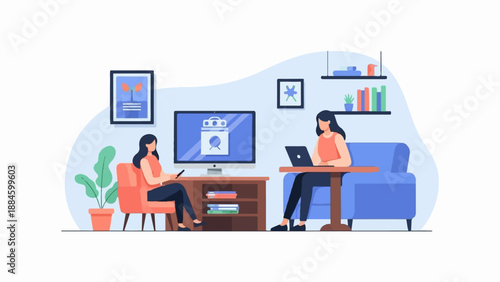 Two women working on laptops and phones in a comfortable home office