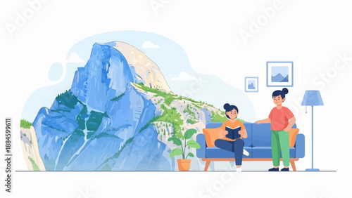 Two people relax indoors with a scenic mountain view