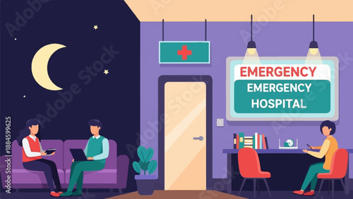 Night scene at a hospital with patients waiting and staff attending