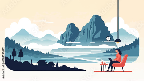 Woman working on laptop by a serene mountain lake, remote lifestyle