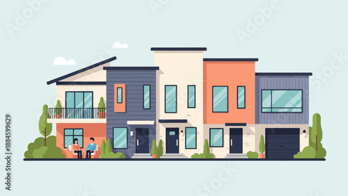 Modern townhouses with diverse facades and a balcony