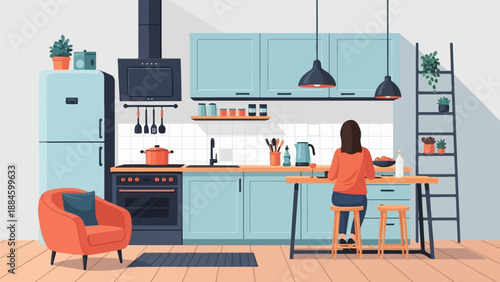 Woman in an orange sweater preparing food in a modern kitchen