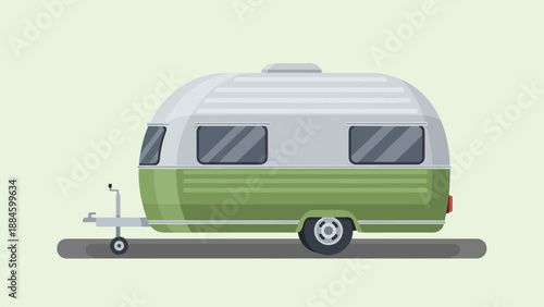 Vintage camper trailer on a road, green and silver, minimalist style