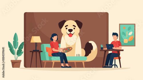 People and dog in a cozy living room, painting and working on laptops