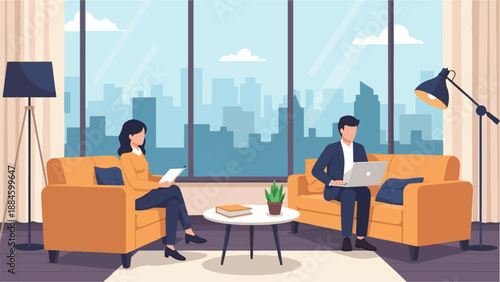 Two people in office setting, one on laptop, one reading, city view