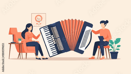 Two people playing a large accordion in a cozy room