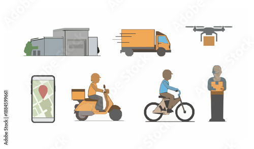 Minimal online delivery and order tracking icon set with courier truck drone and warehouse vector