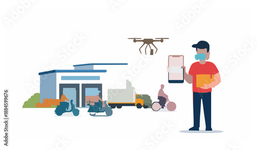 Online delivery service vector illustration with warehouse truck drone and courier order tracking concept