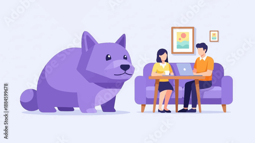 People and purple dog in a living room with art on wall