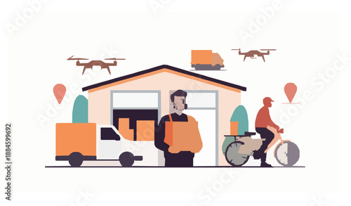 Cartoon online delivery service vector with masked courier warehouse truck drone and home office shipping
