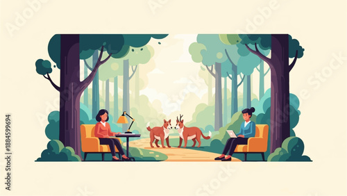 Two women work remotely in a serene forest setting with two dogs