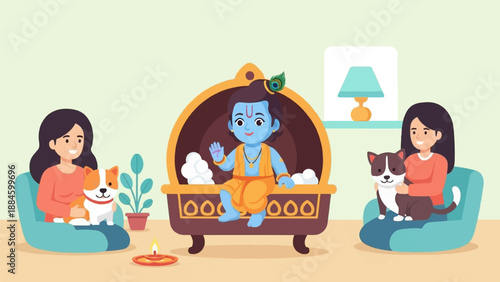 Two women, pets, and a young deity in a crib, with a lamp