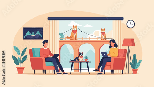 Two people and three dogs relax indoors, working on laptops with a scenic view