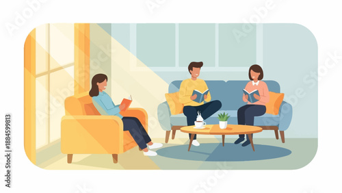 People relaxing indoors, reading books in a sunlit living room