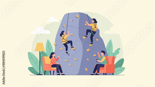 Two climbers ascend a rock wall while two relax below