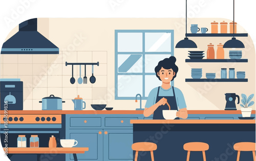 Person cooking in a modern kitchen with blue cabinets and orange accents